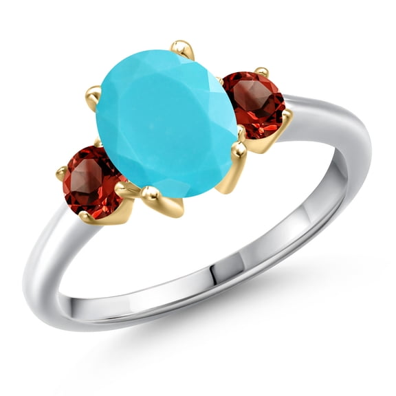 Gem Stone King 925 Silver and 10K Yellow Gold Green Turquoise and Red Garnet Engagement Ring for Women | 2.24 Cttw | Oval 9X7MM | Gemstone Birthstone | Size 8