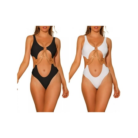 NOMADIC NOOK Women s Gold Chain Swimsuits V Neck Monokini  One Piece Cut Out Swimwear Bathing Suit Combination Set Medium Black  White