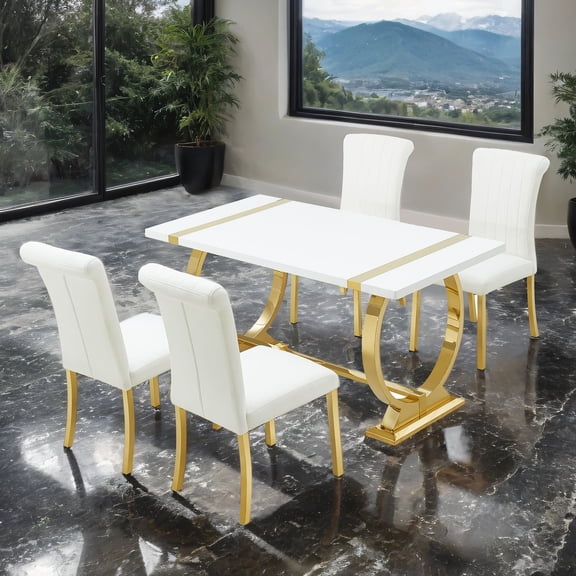 Contemporary Style 5pc Dining Table Set Wooden Table Top Channel Tufted Backrest O-Shaped Legs Stainless Steel Gold And White Finish Dining Room Furniture