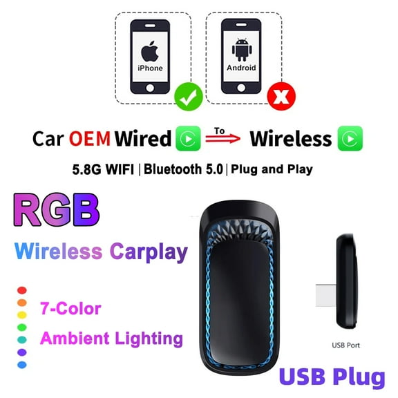 RGB Colorful Carplay Wireless Adapter Smart AI Box Car OEM Wired Carplay To Wireless Carplay USB Dongle MINI Car Play
