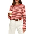thumbnail image 3 of Women's Boat Neck Striped Open Knit Relaxed Fit Pullover Sweater Red S, 3 of 9
