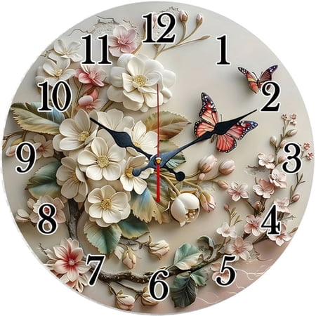 SBEMP 10 Inch Silent Wall Clock, 3 D Flower Butterfly Decorative Wall Clock, Battery Operated Non