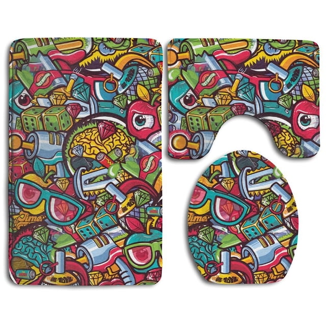 ABPHQTO Graffiti de dibujos animados Juego de alfombras de baño de 3 piezas Alfombra de baño Alfombra de contorno y tapa de inodoro ABPHQTO Cont-CHAPPLE-25416