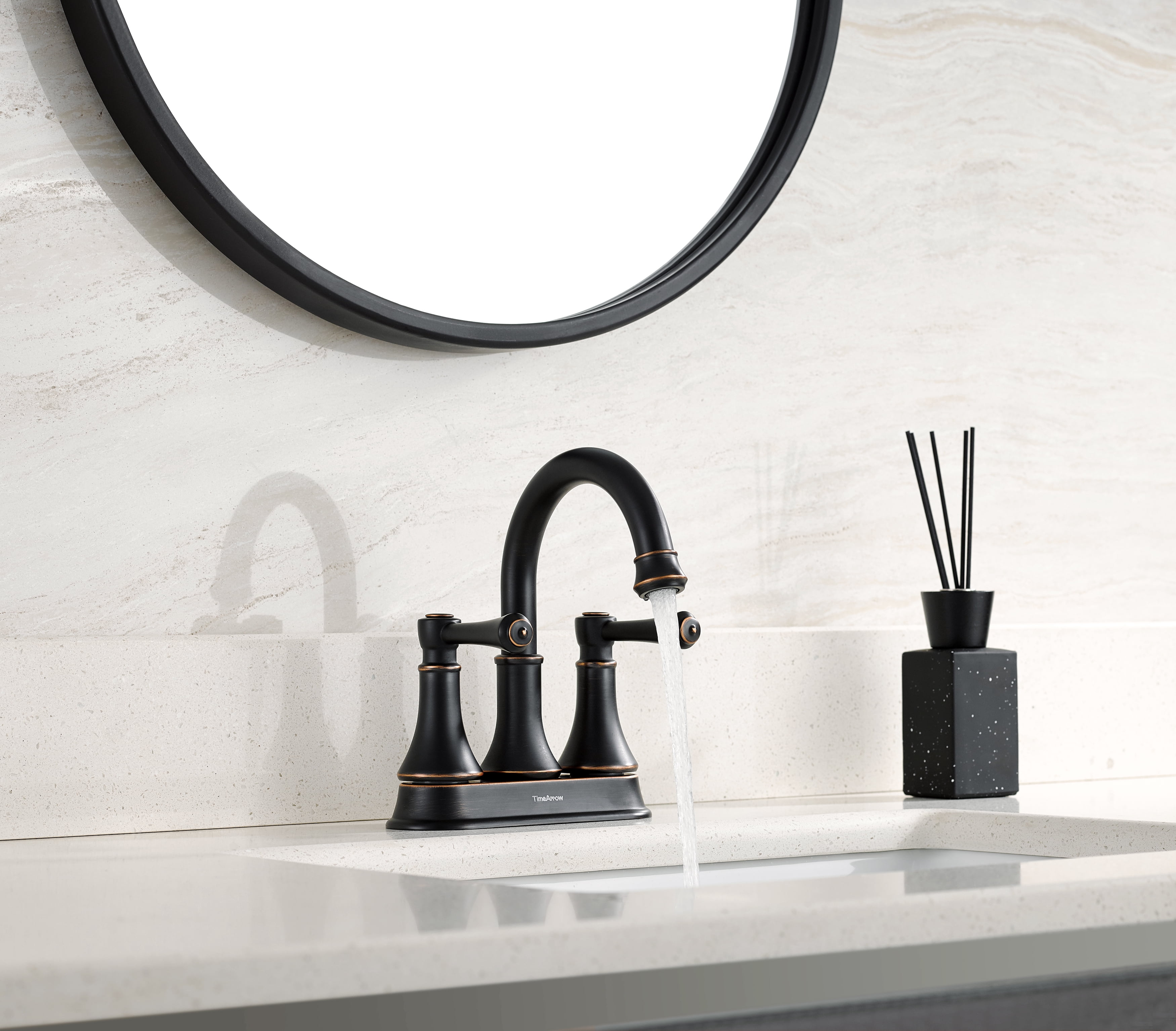 TimeArrow Oil Rubbed Bronze 2 Handle Centerset Bathroom Sink Faucet with Pop up Drain, High Arc Modern 4 Inch Bathroom Vanity Lavatory Faucet for 3 Holes with Brass 360° Swivel Spout, TAF067Y-ORB