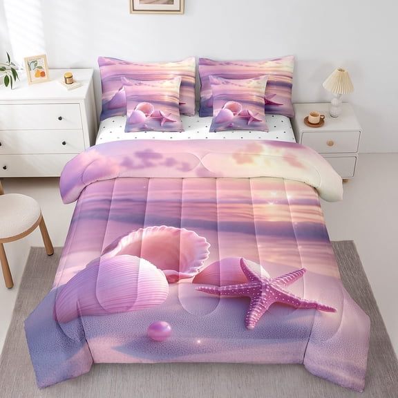 Erosebridal Pink Seashell Bed in a Bag Twin size, Kawaii Starfish Bed Set, Romantic Beach Decor, Reversible 7pcs