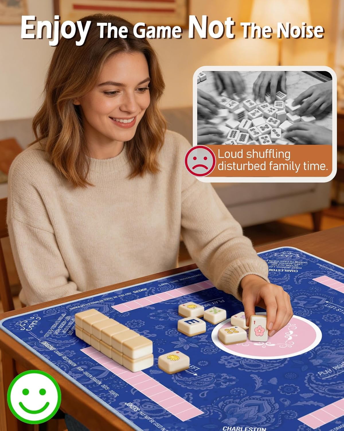 Mahjong Mat Table with Rules Mah Jong Mat Neoprene Travel Chinoiserie Floral Majong Learning Mat Instructions Mahjong Gifts Women Unique Non-Slip Rubber Pad, 31.5" x 31.5", Blue Pink