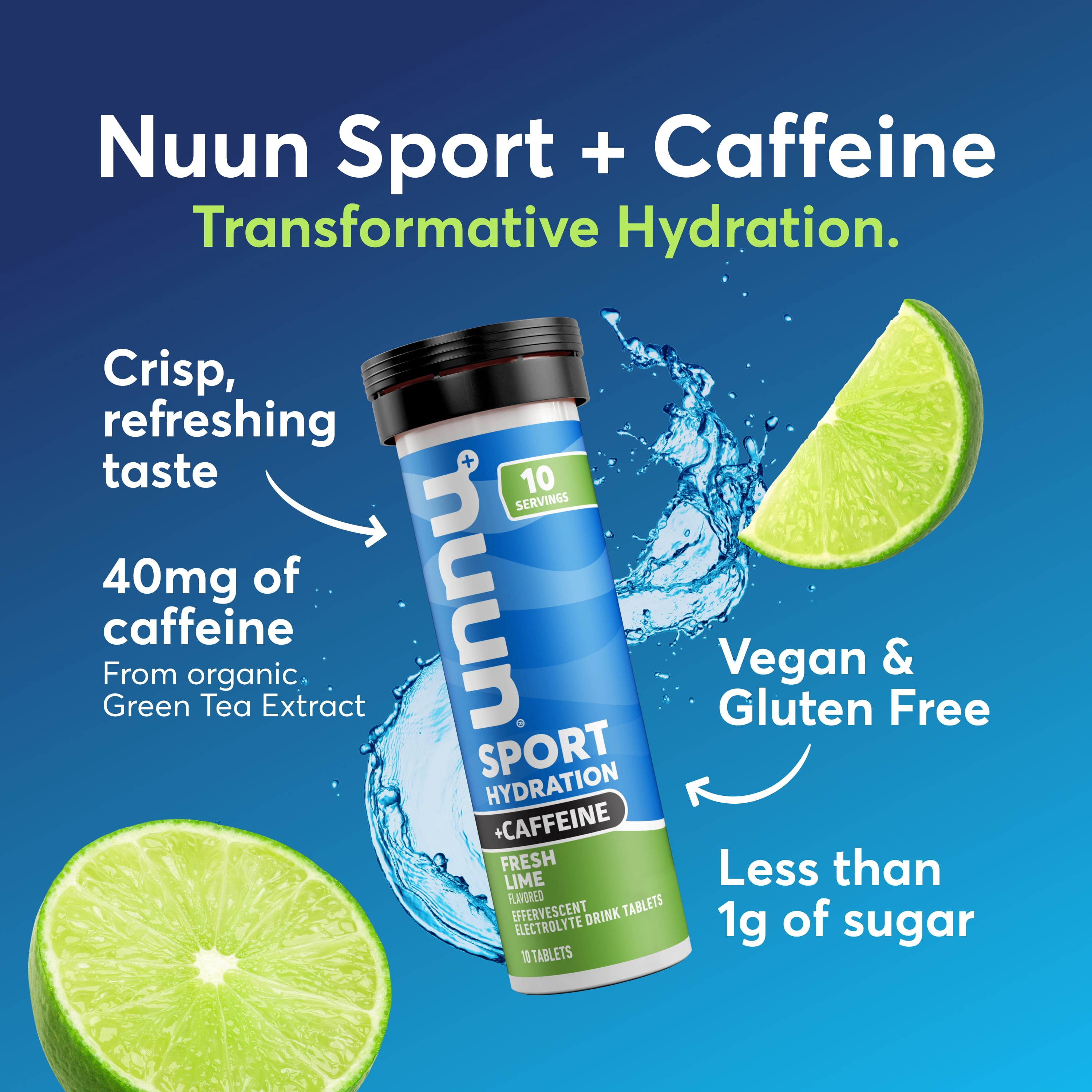 Nuun Sport +Caffeine Electrolyte Tablets for Proactive Hydration, Fresh Lime, 8 - 10 Count Tubes