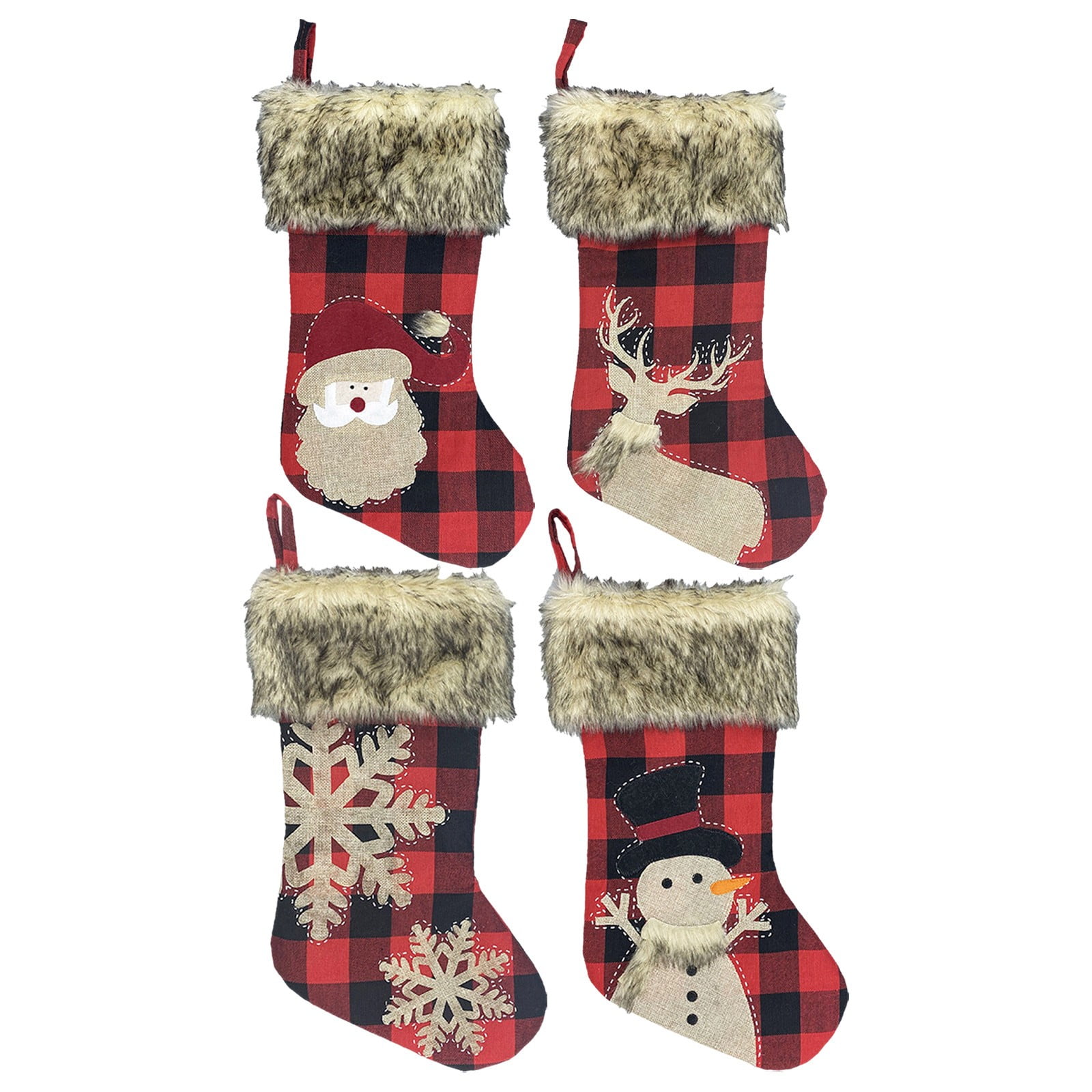 Wall Hangs,Christmas Stockings 4 Pack 18" Big Christmas Stocking Stuffers Snowflake Santa Snowman Reindeer Burlap Plaid Socks With Plush Cuff Candy Socks For Family Holiday Christmas P