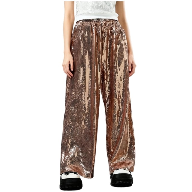 Pantalones largos de moda para niños, con lentejuelas, bolsillos y cintura elástica, de poliéster.