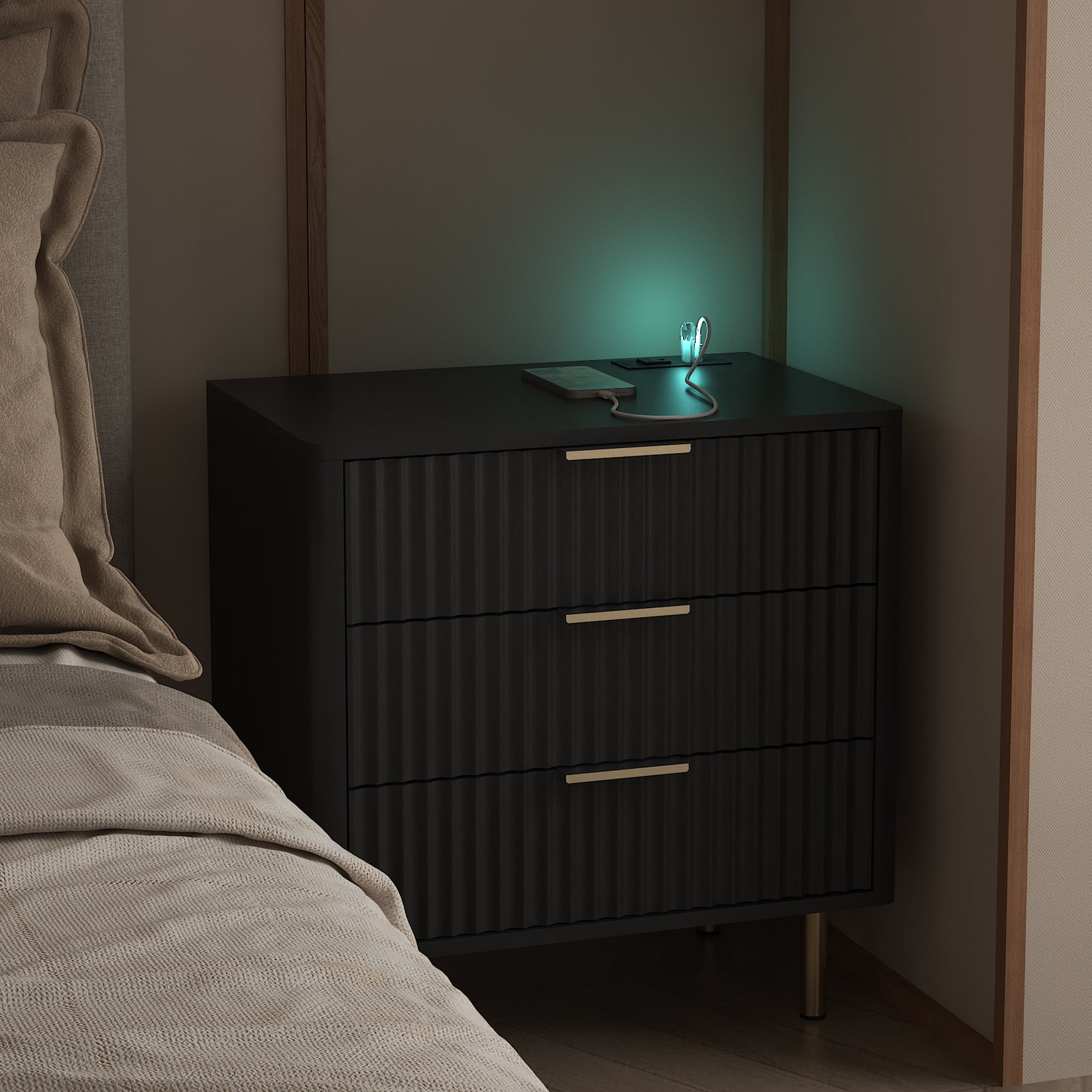 Nightstand with Charging Station, Smart Nightstand with Night Light, Modern Night Stand with Storage Cabinet for Bedroom