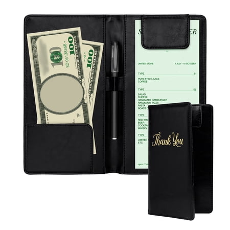 Sekonow Server Book for Waitress, Leather Serving Book with Magnetic Clip & Pen Holder, Check Presenters for Restaurants, Guest Check Book Holder for Waiter, Black