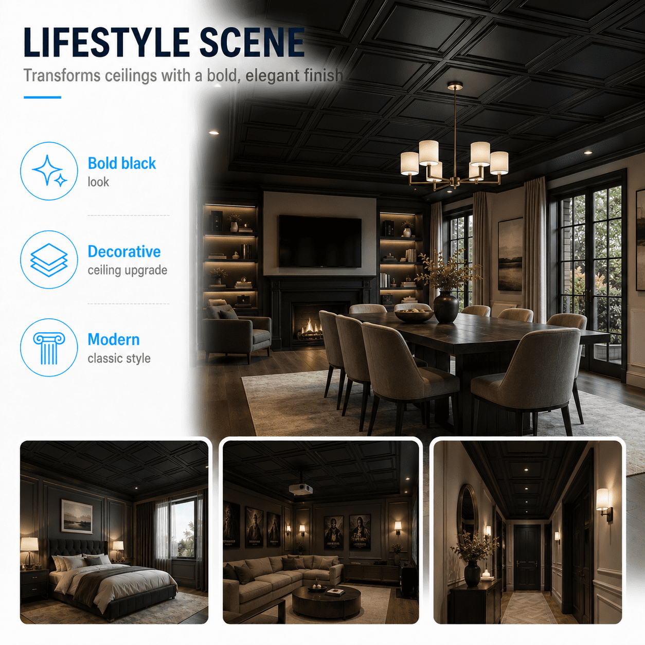 Yeslife 12pcs 24x48 in PVC Drop Ceiling Tiles, Black Matte 3D Embossed, Waterproof for Grid System Glue-Up, Basement Garage Office, 96 sq ft