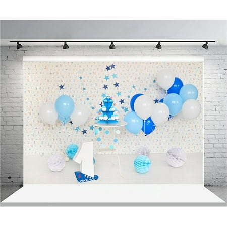 MOHome Polyster 7x5ft 1st Birthday Backdrop Balloon Cake Star Decoration Photography Background Baby Girl Kid Infant Artistic Portrait Party Banner Photo Shoot Studio Props Video