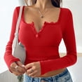 thumbnail image 6 of Women's Slim Fit Ribbed Knit Long Sleeve Henley Shirt Deep Scoop V Neck Tops with Lace Trim Going Out Shirts for Date Night Streetwear, Red, L, 6 of 9