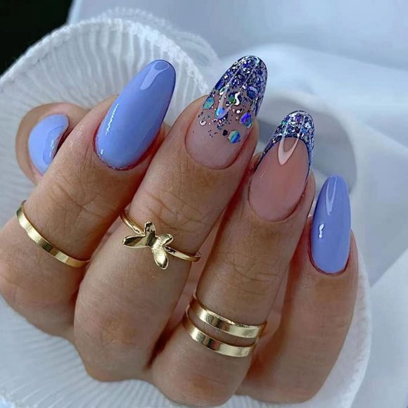 Sky Blue Glitter Tips French Press on Nails, Medium Almond False Nails, Pink and Blue Stick on Nails, Acrylic Press on Nails, 12 sizes, 24 pieces -SA041