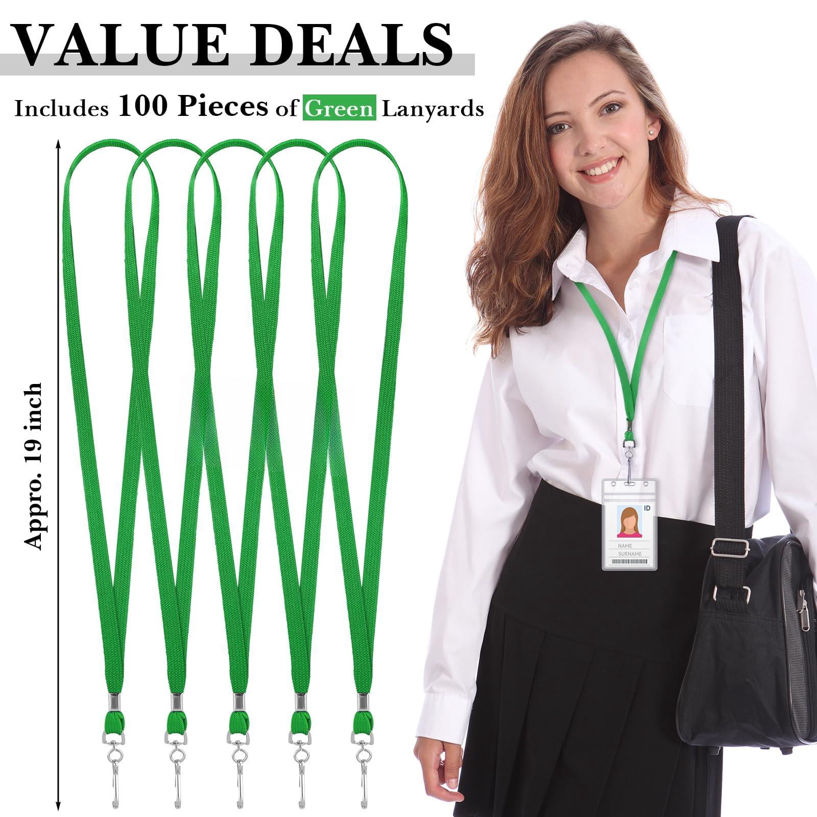100 Lanyards Bulk For Id Badges Green Flat Badge Neck With Swivel J Hook Clip Student Teacher