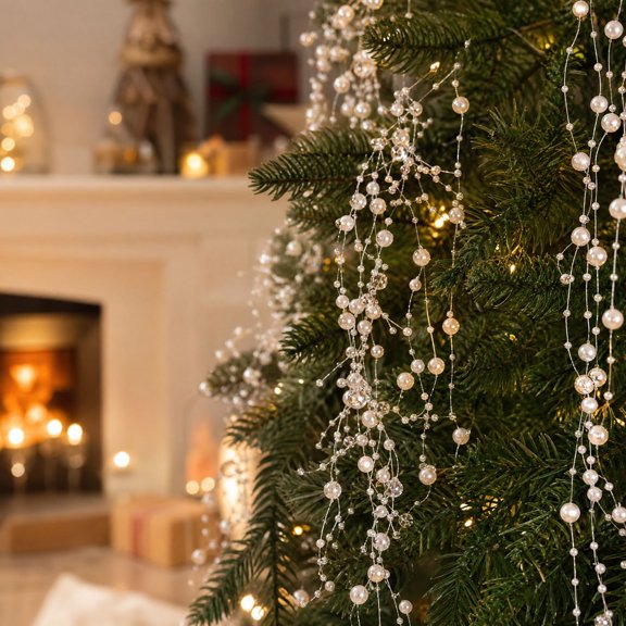MinHoues Christmas Pearl Beaded Garland, Artificial Pearl Chain Decor, Flexible DIY Hanging Ornament for Xmas Tree, Mantel & Holiday Scene Layout
