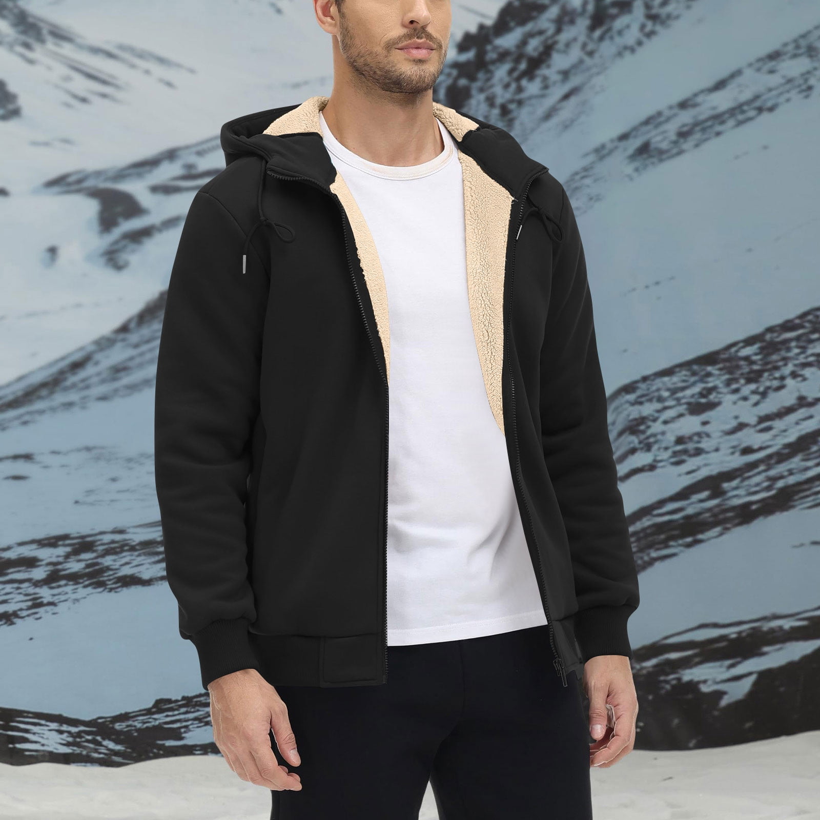GuangCheng Mens Sherpa Lined Hoodies,Full Zip,Hooded Sweatshirts,with Plush Fleece Interior,Black,3XL