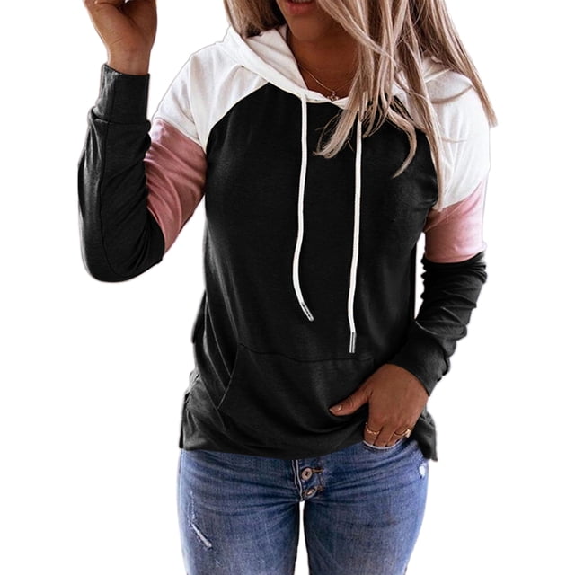 MAWCLOS T-shirt pour Femmes Sweat à Capuche à Blocs de Couleur Manches Longues Pull Ample Noir L
