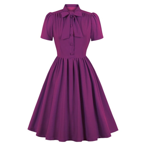 Vestido vintage con lazo y encaje en el cuello para mujer - Poliéster, silueta en A, informal/fiesta, tallas S-XXL, tirantes ajustables