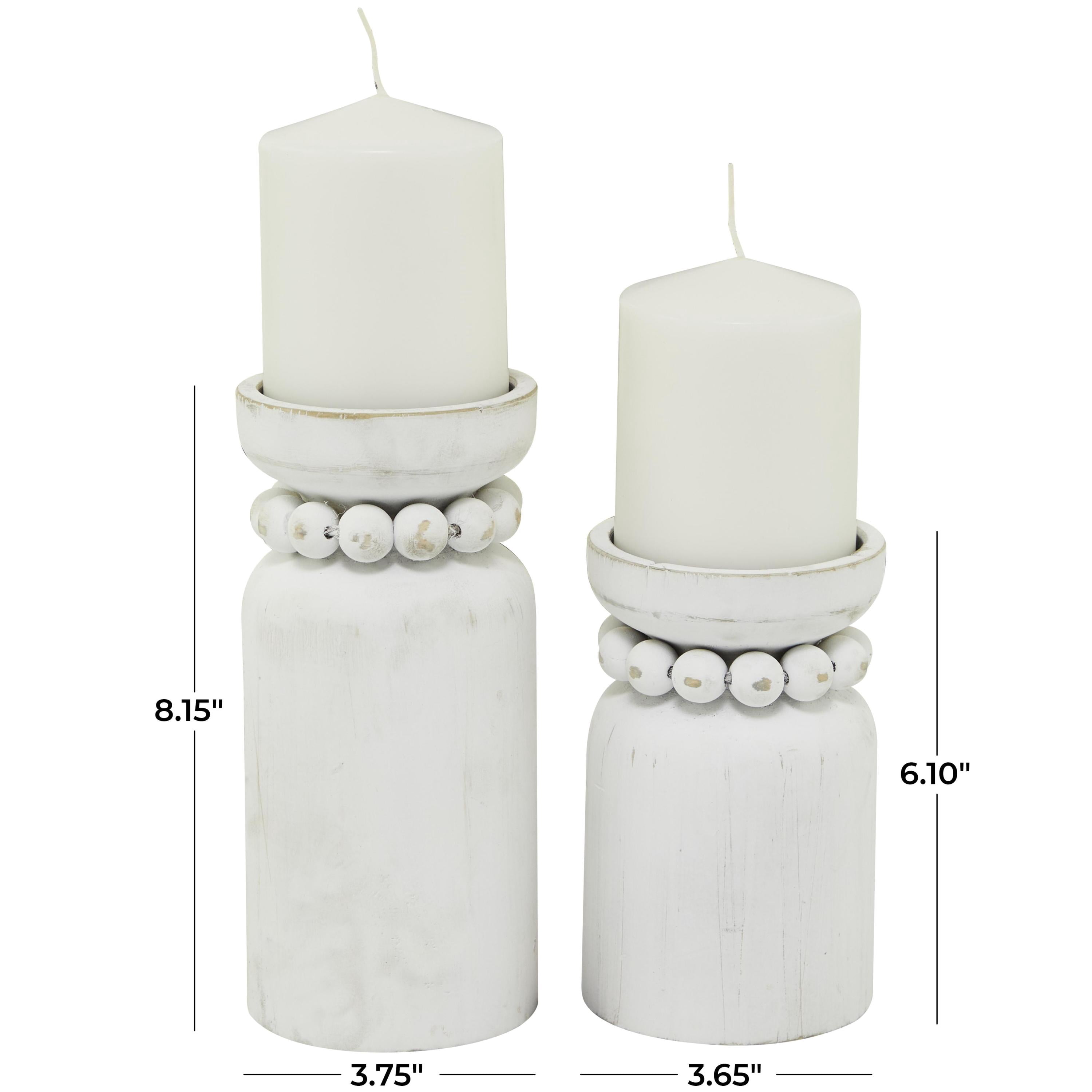 DecMode 2 Candle White Wood Beaded Pillar Candle Holder, Set of 2