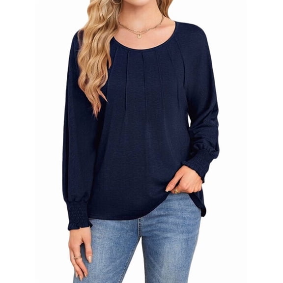Long Sleeve Shirts Womens Pleated Business Casual Blouses with Smocked Cuffs Dark Blue XL