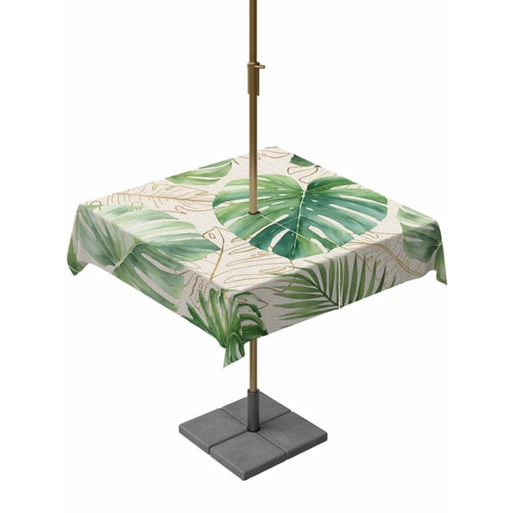 Outdoor Tablecloth with Umbrella Hole for Patio/Picnic/Party/Camping, Green Monstera Leaves Waterproof Table Cloth Square Cover Washable, Vintage Tropical Summer Botanical (54"x 54")
