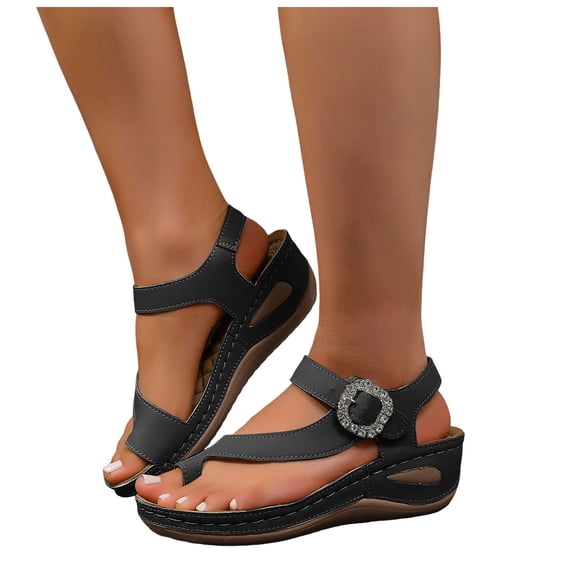 Rokment Sparkly Rhinestones Orthopedic Flip Flops Walking Sandals for Women Comfortable Leather Arch Support Platform Wedge Dressy Summer Shoes Black Size 6