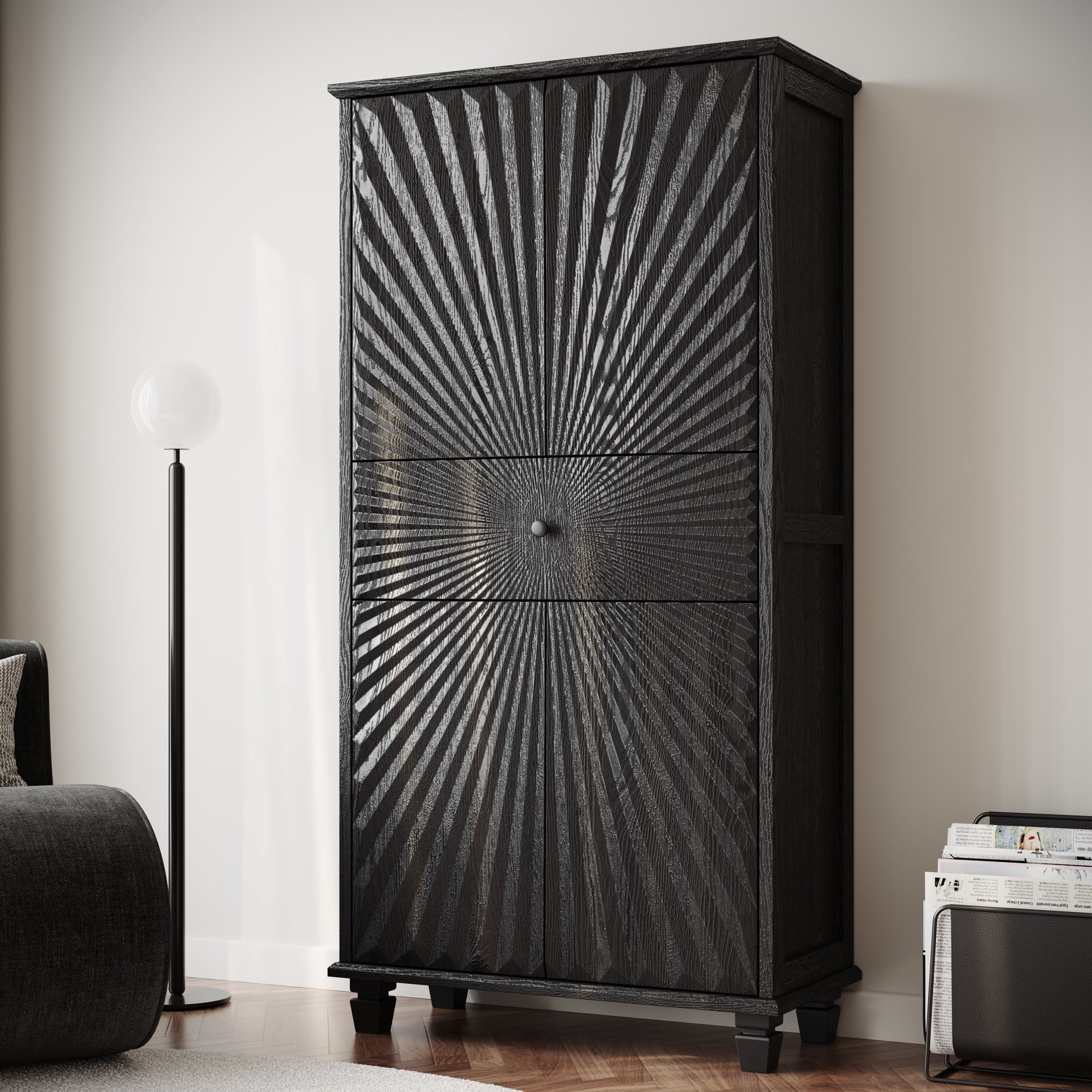 Noble House Neris 4-Door Tall Accent Buffet Cabinet with Storage Drawer, 3D Radial Pattern Hollow Sideboard, Black