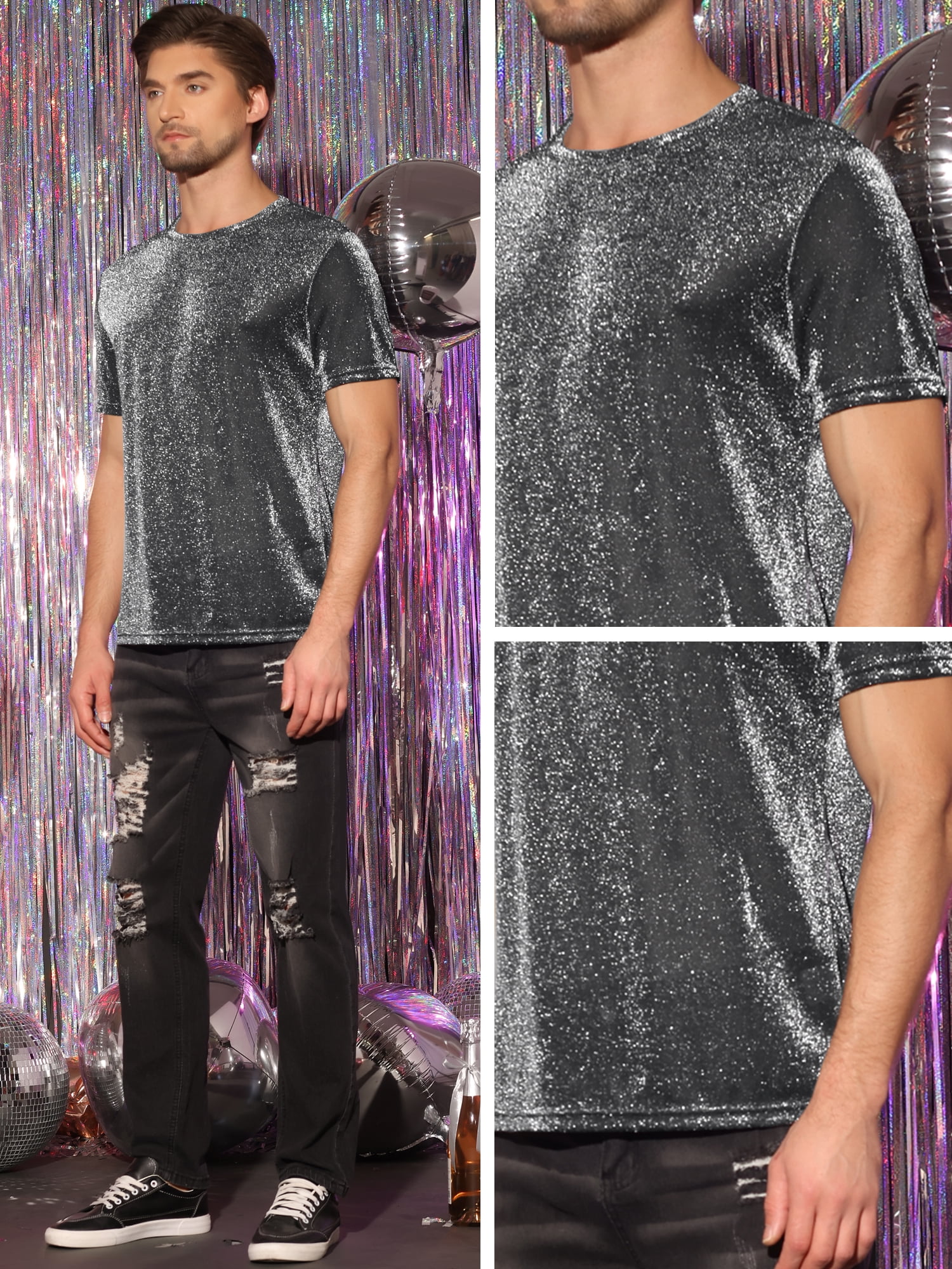 DARING DIVA Men's Shiny Sparkle Short Sleeve Crew Neck Metallic Glitter T-Shirt S Silver