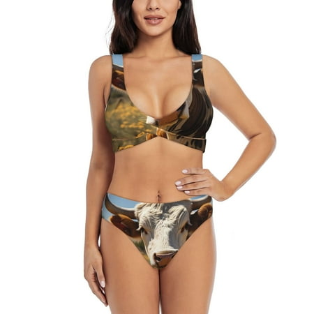 Zeuib Countryside Flower Cow High Waisted Tummy Control Bikini Set - Knot Front Push Up Top & Cheeky Thong Bottom  Two-Piece Swimsuit for Women-Large