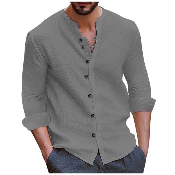 Autumn And Winter Men's Retro Long Sleeved Cotton Linen Shirt Solid Casual TopM