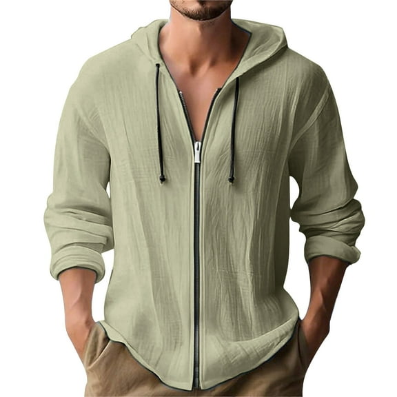 Dwelliawo Hoodie Shirts for Men Zip Up Long Sleeve Linen Sweatshirt Summer Casual Tops Drawstring Hoodie Army Green 2XL