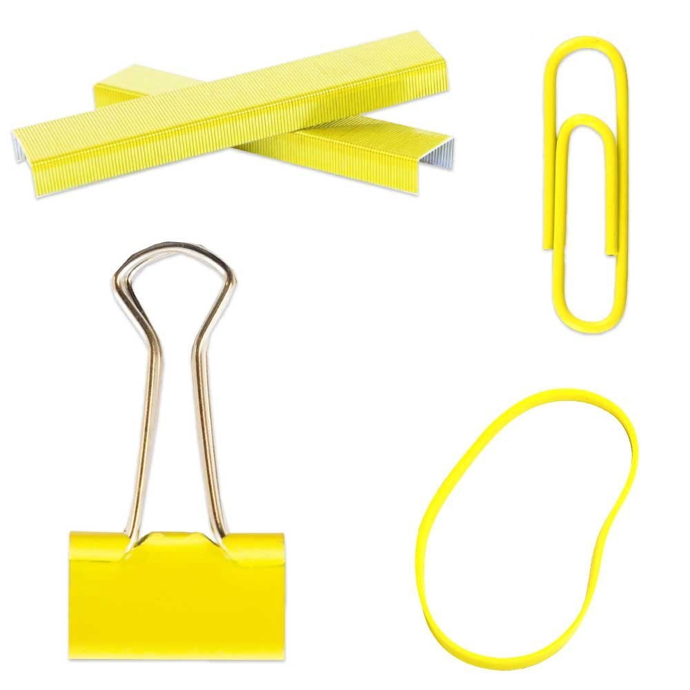 JAM Paper Desk Set, Yellow, 1 Rubber Bands, 1 Staples, 1 Binder Clips & 1 Paper Clips, 4 Pack