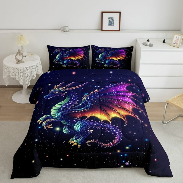 Erosebridal Cartoon Dragon Comforter Sets Queen Size, Dreamy Galaxy Comforters & Duvets, Gradient Animal Decor , Reversible