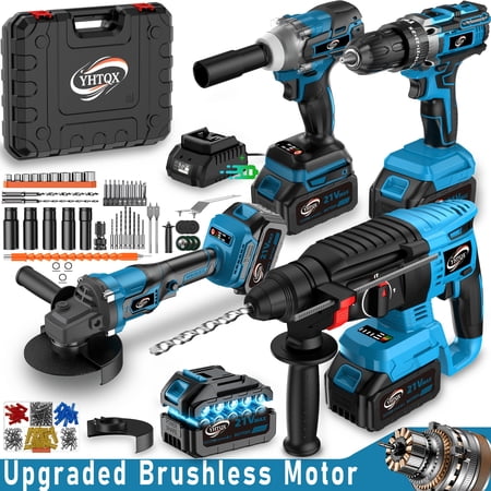 Brushless Cordless Power Tool Combo Kit, Industrial Grade Rotary Hammer Drill, Impact Wrench & Angle Grinder Set for Wall & Car Maintenance