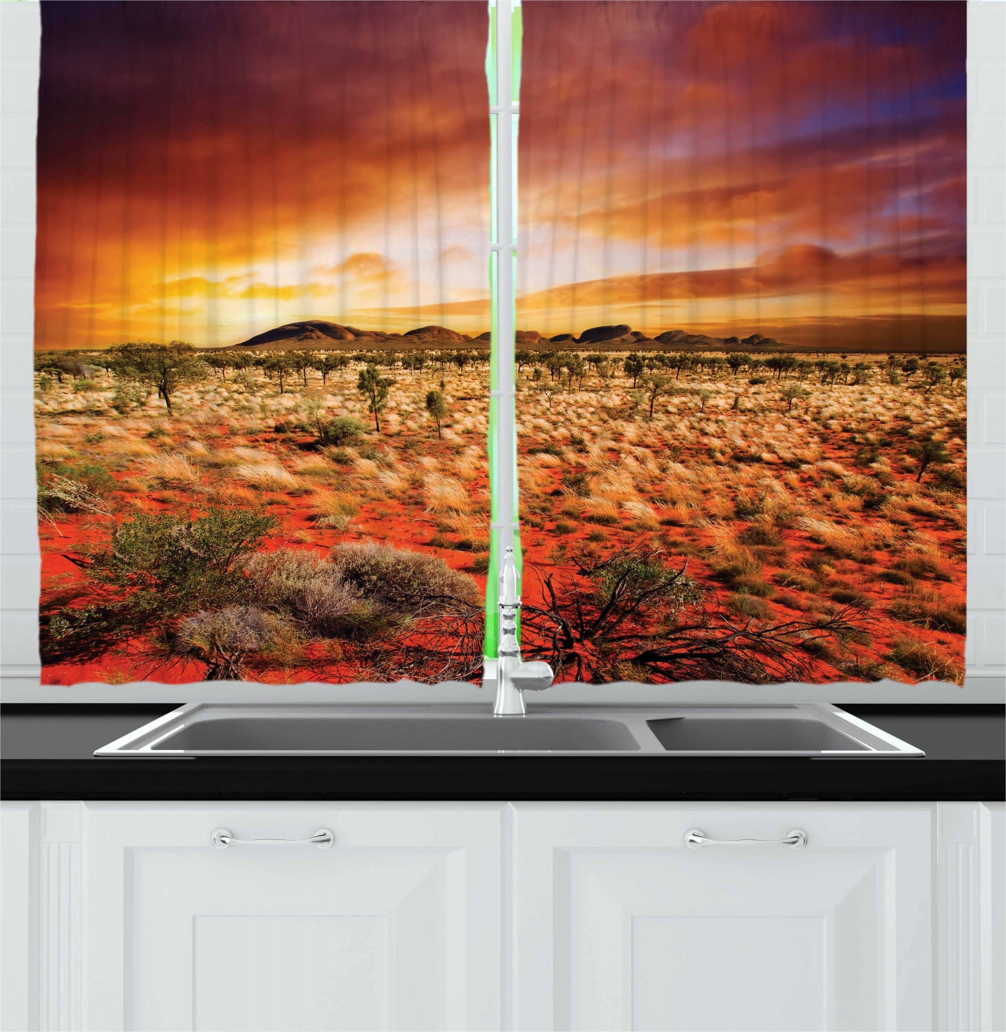 Desert Curtains 2 Panels Set, Sunset over Central Australian Landscape Dreamy Dramatic Sky Scenic Nature, Window Drapes for Living Room Bedroom, 55W X 39L Inches, Orange Yellow Coral, by Ambesonne