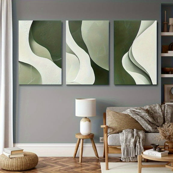 3pcs Abstract Canvas Art Prints Set, Minimalist White & Green Landscape Theme, Frameless Wall Decor for Living Room, Bedroom, Office - Ready to Hang, Unframed Modern Decorations