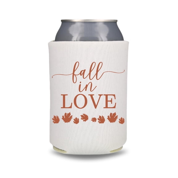 Fall Wedding Can Coolers, Fall In Love, Wedding Party Gift and Souvenir, Couple's Wedding Beer Sleeves (White)