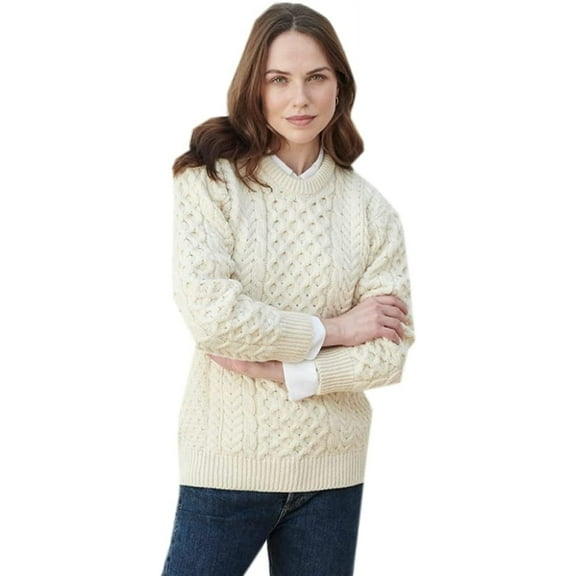 Women’s Traditional Irish Wool Natural Sweater Size Large Made By Aran Woollen Mills