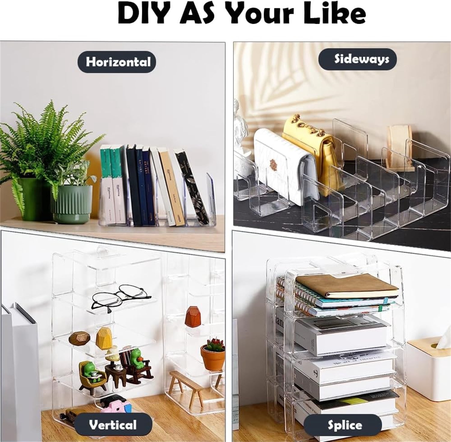 Acrylic Desk File Sorter,Clear Purse/Handbag Organizer,Desktop File Divider,Book Organizer,Office Supplies Stand,Folder Bookshelf for Envelopes,Document,Notebook,4 Sections,Clear,2 Pcs