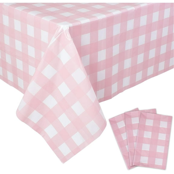 TETOU 3 Packs Pink Gingham Tablecloth Pink and White Checkered Tablecloths 54 x 108 Inches Disposable Plastic Gingham Tablecovers Waterproof Rectangle Picnic Table Covers for Birthday Party Supplies