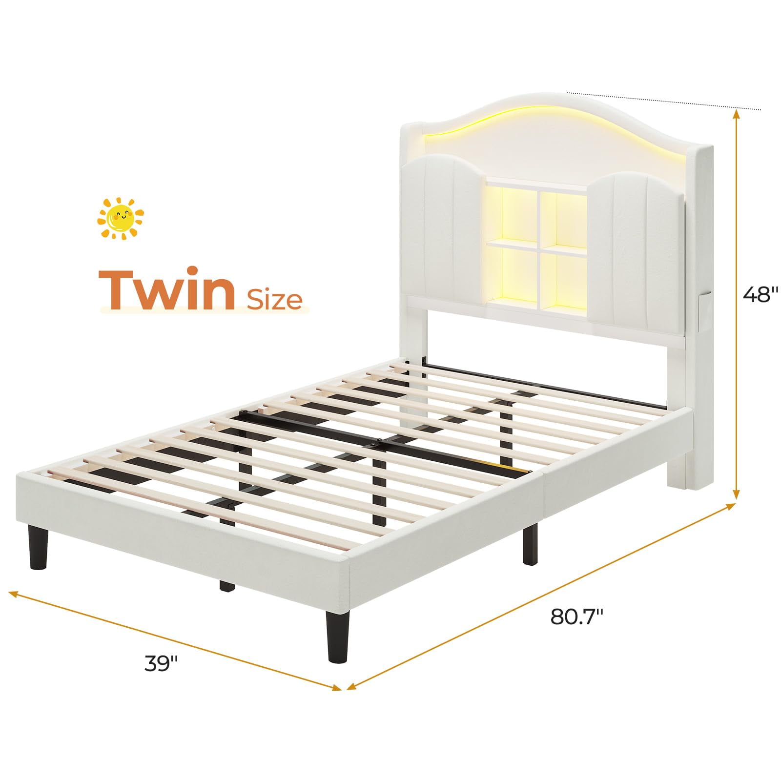 Twin Girl Bed with LED Lights & Charging Station,Platform Twin Size Princess Bed Frame, Upholstered Storage Headboard,No Box Spring Needed,Easy Assembly, Beige