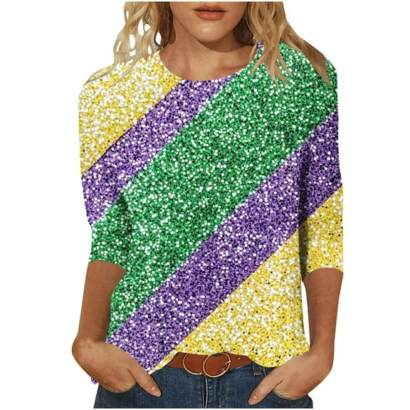 successthop Mardi Gras Shirts Women Plus Size Stripe Oversized Crewneck Outfits 3/4 Sleeve Tops Lightweight Shirts L