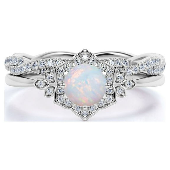 JeenMata 1.75 ct Genuine Round Blue Opal and Moissanite Bridal Ring Set in 18K White Gold over Silver