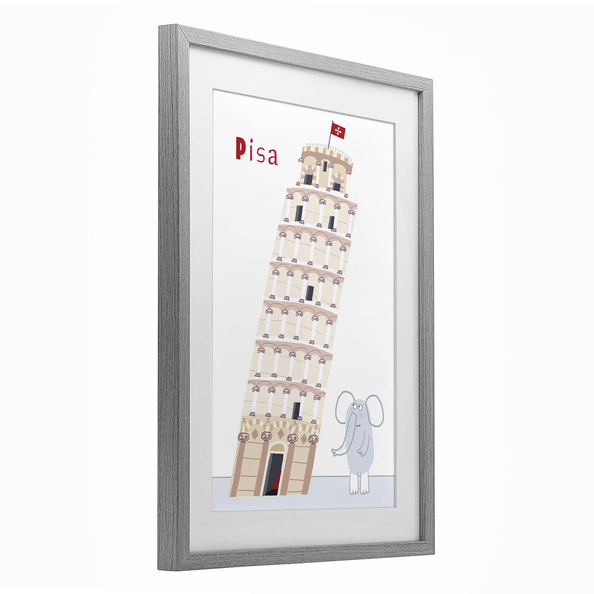 Elephant & Leaning Tower Pisa Gray Framed Print Under Glass, design by Carla Daly