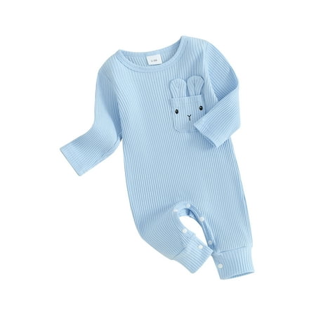 

FEORJGP Infant Baby Girls Boys Easter Romper Newborn Long Sleeve Jumpsuit Crew Neck Bodysuit Ribbed Rabbit Pocket Casual Romper for Spring Fall Daily