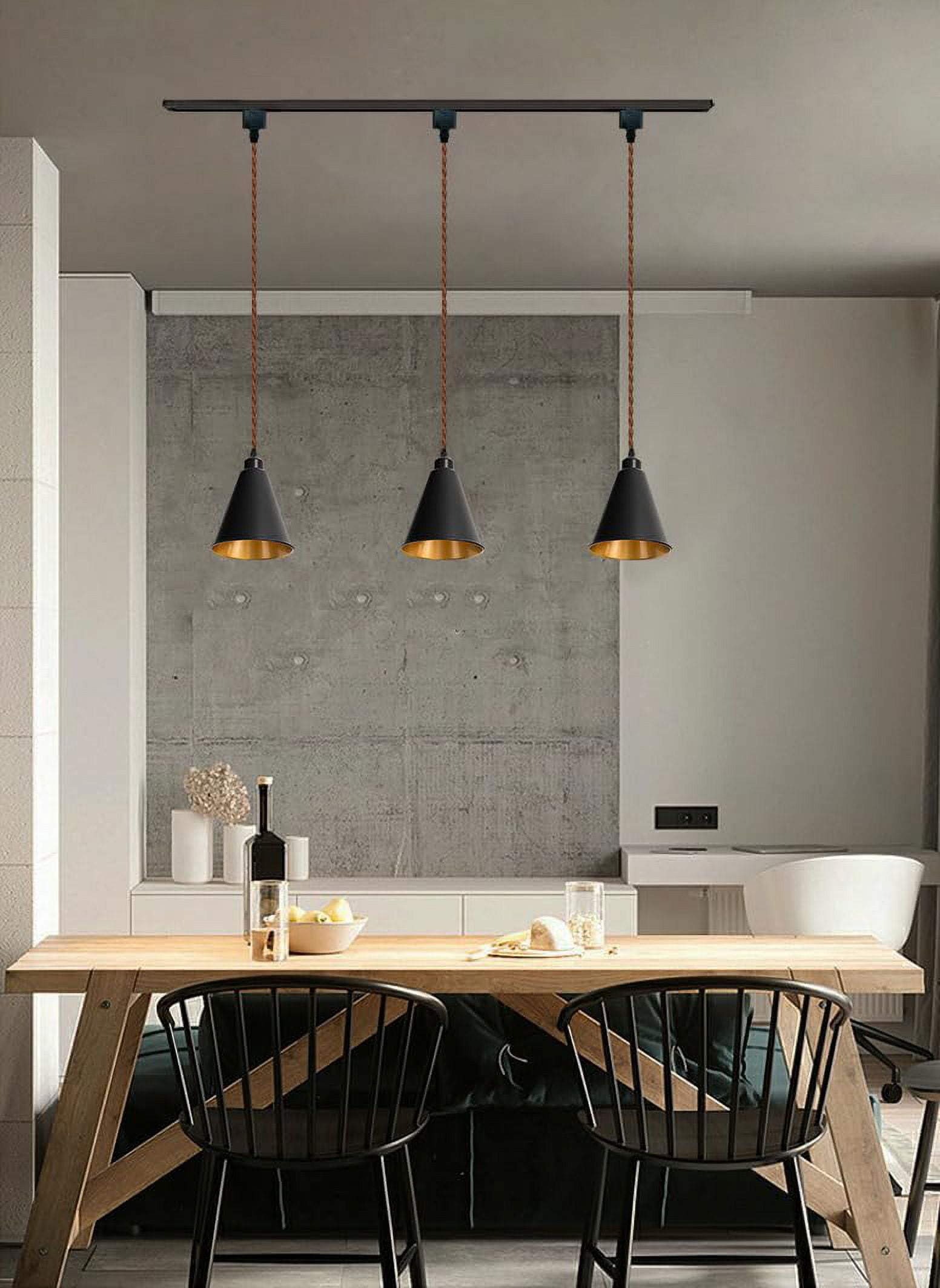 LAYYELAMP Black Metal Cone Shade Inner Gold Track Lighting H-Type 39.3 Inches Brown Twisted Cord Vintage Remote RGB Warm Light Track Lamp for Kitchen Dining Table Loft