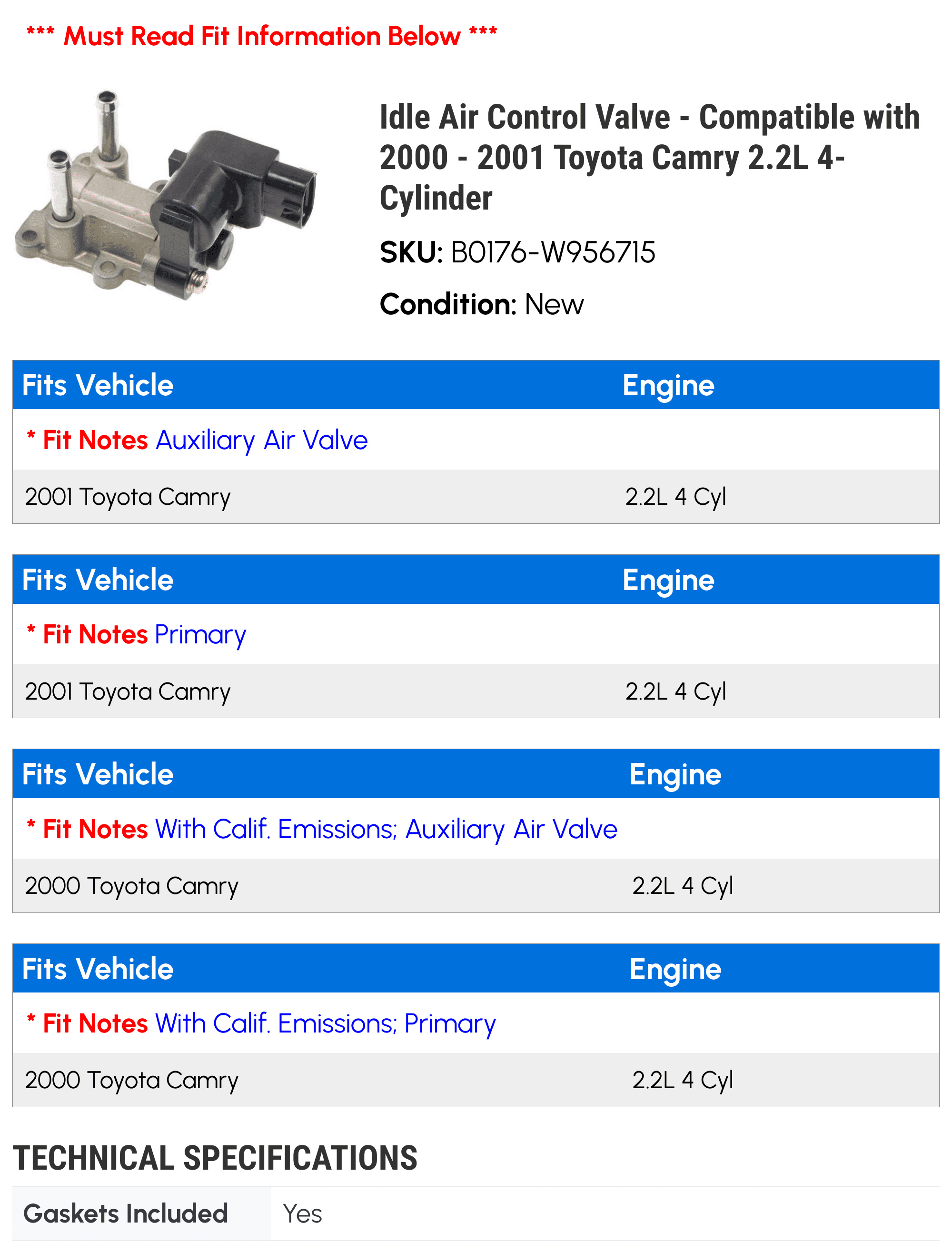 Idle Air Control Valve - Compatible with 2000 - 2001 Toyota Camry 2.2L 4-Cylinder