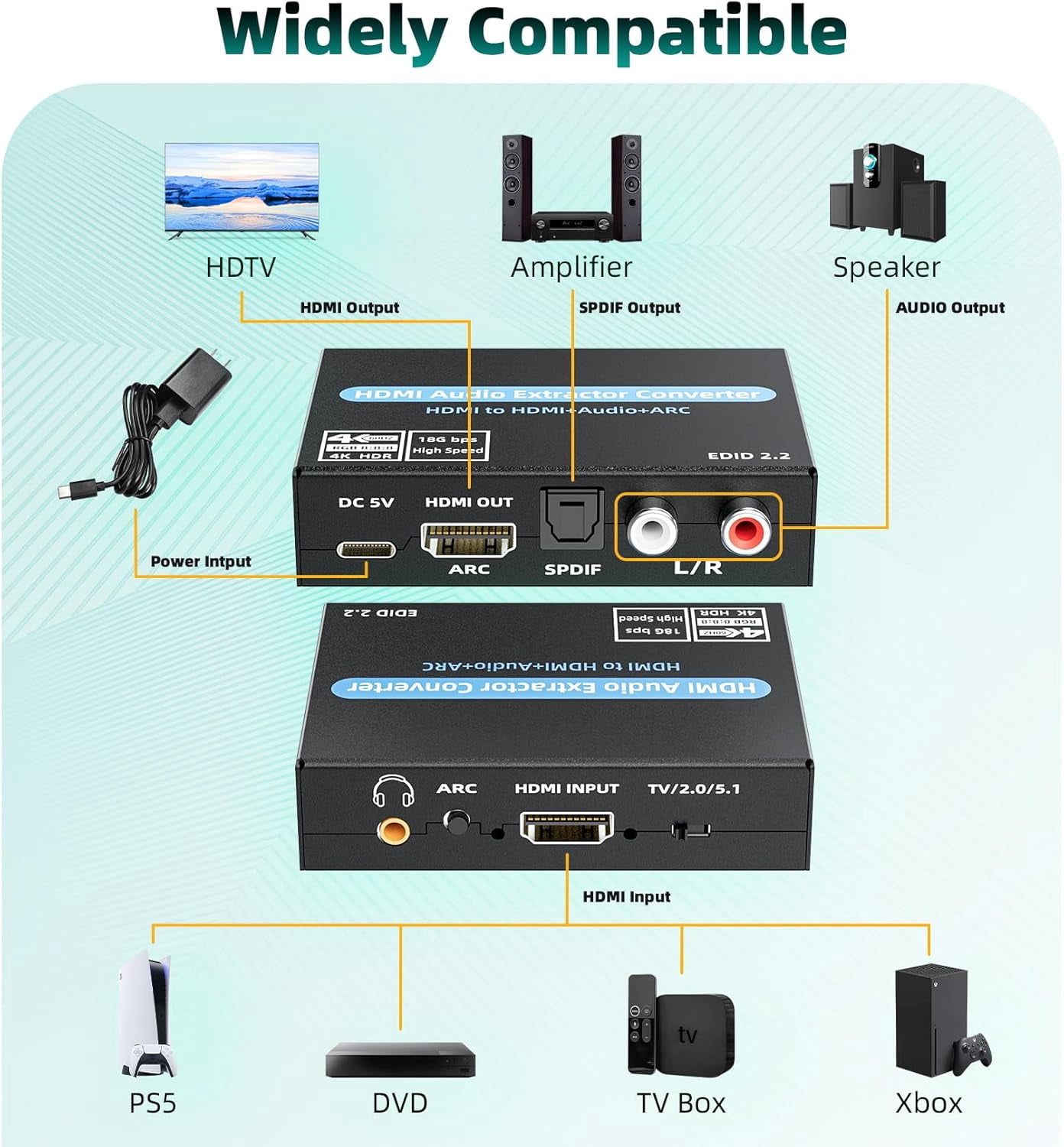 4K@60Hz HDMI Audio Extractor with ARC – Optical, 3.5mm Stereo & RCA L/R Adapter, Supports 5.1 Audio, HDCP 2.2, HDR, 18Gbps – for PS5, Xbox, HDTV, Soundbar
